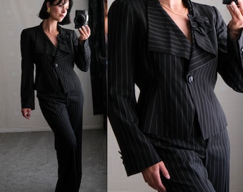 GIORGIO ARMANI Black Striped Bolero Blazer & Mid Rise Wide Leg Suit w/ Asymmetrical Bow Lapel | Made in Italy | Y2K ARMANI Designer Pant Set