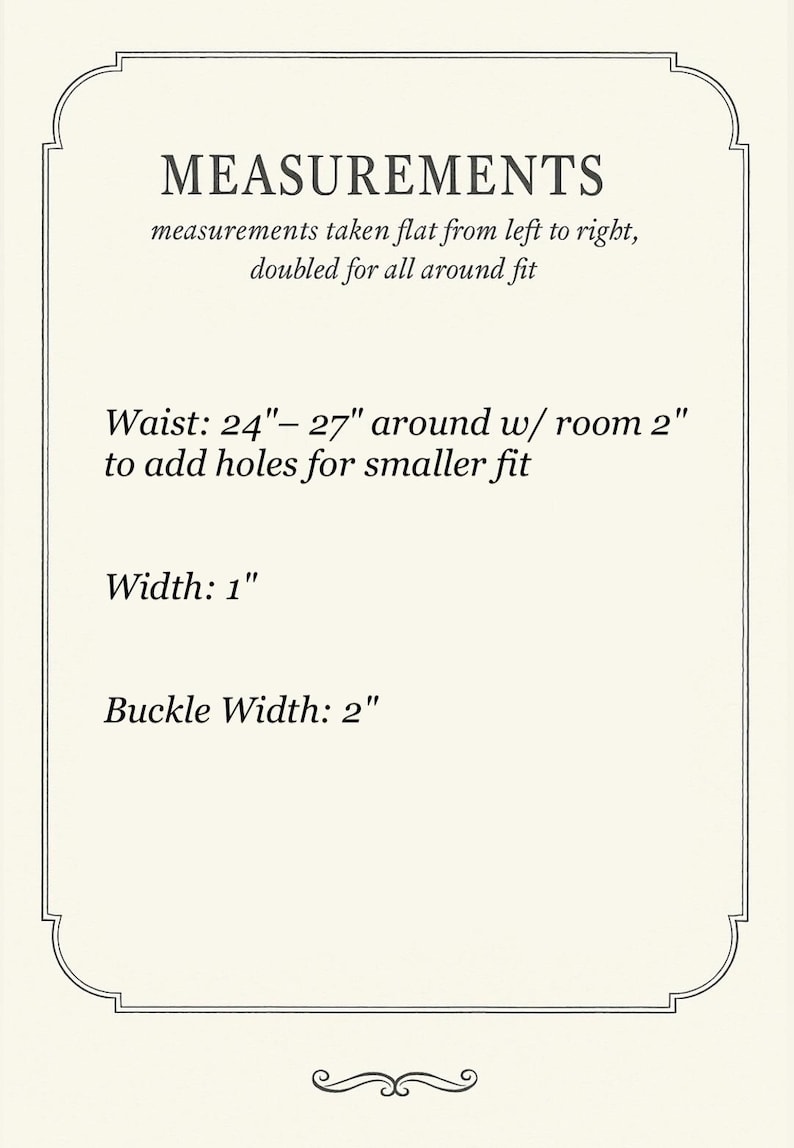 May include: Cream-coloured card with black text detailing measurements. The text reads: "MEASUREMENTS" followed by waist measurements of 61-69 cm, width of 2.5 cm, and buckle width of 5 cm. The card has a decorative border.