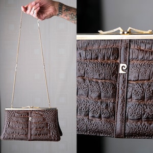 Vintage 1970s Pierre Cardin Structured Brown Embossed Leather Shoulder Bag w/ Gold Clasp & Chain Strap | Gold Logo | 1970s Designer Purse