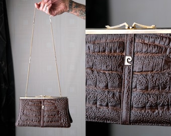 Vintage 1970s Pierre Cardin Structured Brown Embossed Leather Shoulder Bag w/ Gold Clasp & Chain Strap | Gold Logo | 1970s Designer Purse