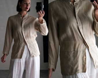 Vintage jaren '80 COMPLICE Linnen Mandarijn Kraag Chore Styled Shirt Jasje met zakken | Gemaakt in Italië | 100% linnen | Italiaanse designerblouse uit de jaren 80
