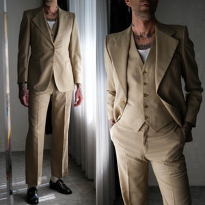 Vintage 70s Yves Saint Laurent Archival Tan Three Piece Flare Leg