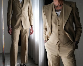 Vintage 70s Yves Saint Laurent Archival Tan Three Piece Flare Leg Suit | Made in France | 100% Wool | 1970s YSL Designer Tailored Mens Suit