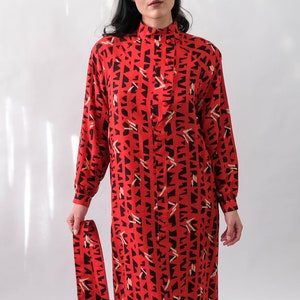 Vintage 80s Red Silk Plaid Jacquard Belted Dress w/ Black & Ivory Geometric Pattern 100% Silk 1980s Silk Bohemian Streetwear Dress image 6