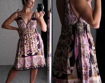 Vintage Nicole Miller Studio Light Pink Earthtone Geometric Print Silk Tie Strap Mini Dress | 100% Silk | 2000s Y2K Designer Silk Mini Dress
