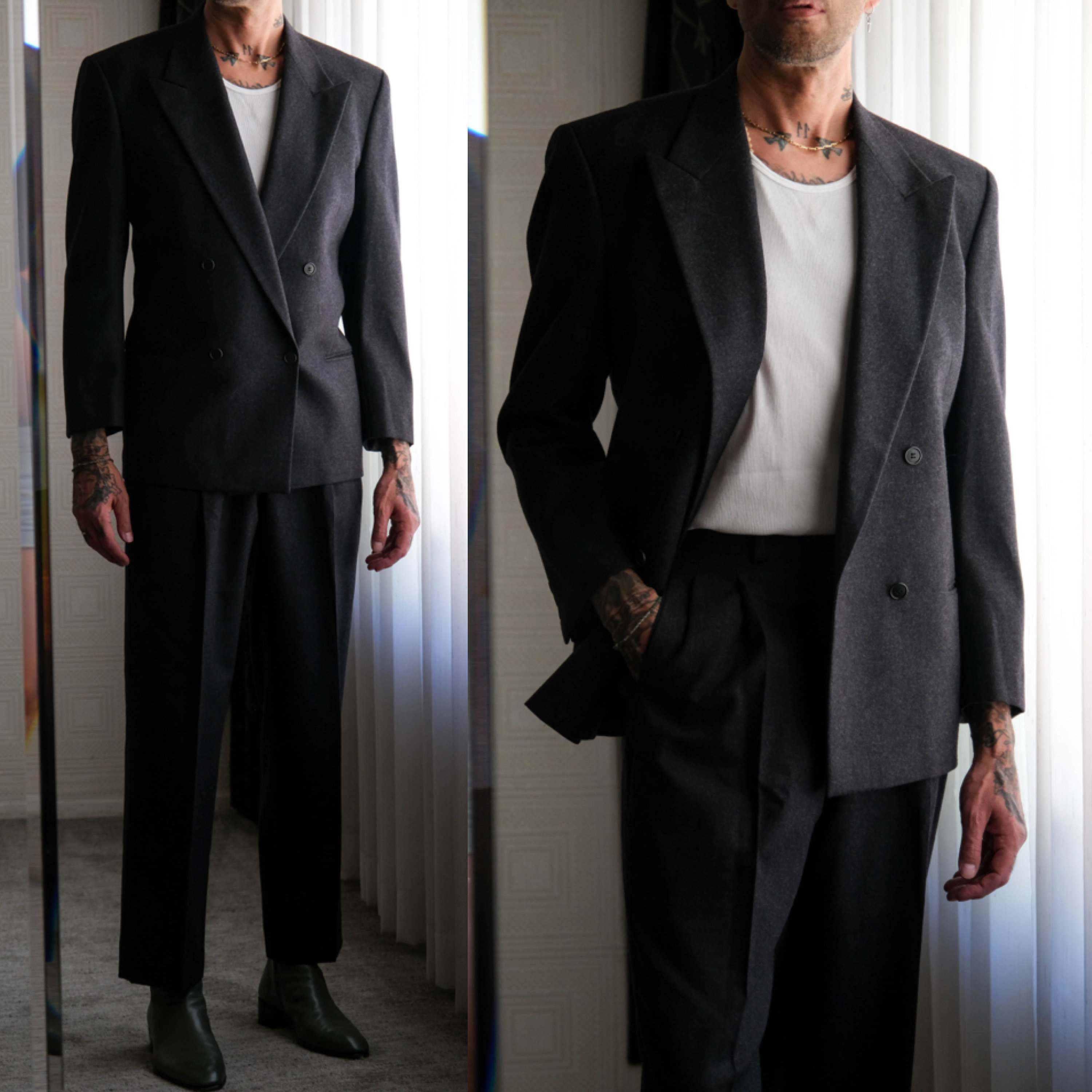 Vintage 80s Giorgio Armani Charcoal Flannel Wool Double Breasted