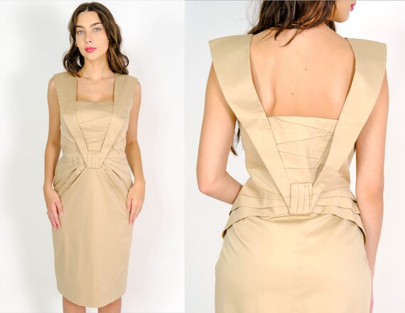 Vintage 90s ESCADA Khaki Tan Cotton Avant Garde Pleated Dress W
