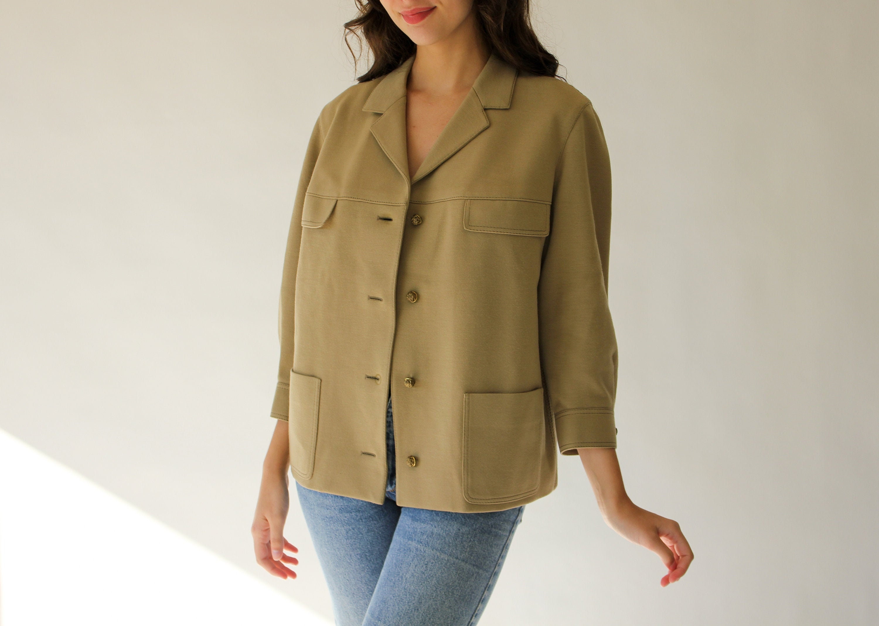 Vintage anni '70 anni 70 Francoise Desarbre Khaki Cropped Wool Knit Mod Swing Coat / Made in France / 100% Wool / 1960s 1970s French Designer Jacket