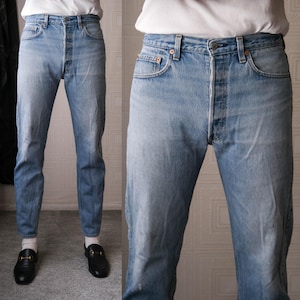 Vintage 80s LEVIS 501 Button Fly Distressed Light Whiskered Wash Jeans | Made in USA | Size 32x32 | 1980s LEVIS Designer 501 Unisex Jeans