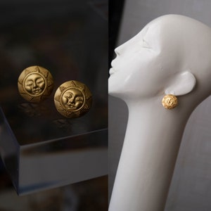 Vintage 80s ANNE KLEIN Signed Matte Smiling Celestial Sun Large Round Clip On Earrings | Donna Karan | 1980s Designer Statement Jewelry