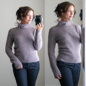 Vintage 90s X-ITED Lavender Fringe High Mockneck Acrylic Mohair Sweater | Made in United Kingdom | Y2K 2000s Designer Womens Jumper
