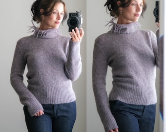 Vintage 90s X-ITED Lavender Fringe High Mockneck Acrylic Mohair Sweater | Made in United Kingdom | Y2K 2000s Designer Womens Jumper