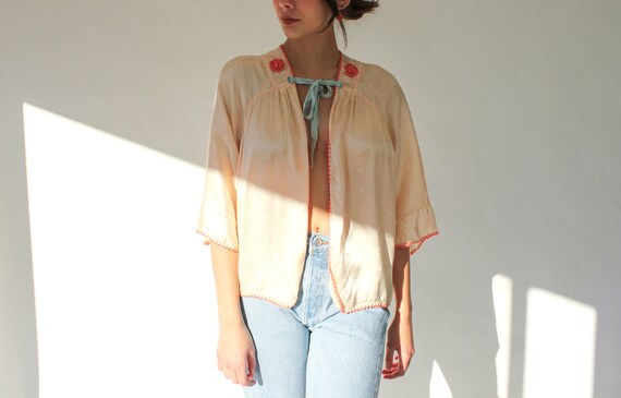 Vintage 40s Divine Silk Bed Jacket with Knit Rose