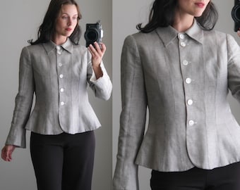 Vintage Y2K GIORGIO ARMANI Collezioni Gray & White Plaid Flax Linen and Silk Peplum Blazer | Made in Italy | 2000s ARMANI Designer Jacket