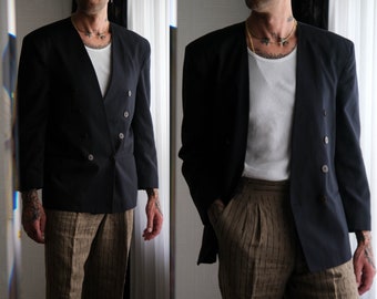 Vintage 80s Ponte Di Uomo Black Collarless Double Breasted Power Blazer con botones de caparazón de tortuga / Made in USA / 1980s Designer Mens Jacket