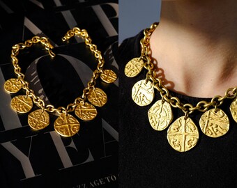 Vintage 80s Monet Signed Gold Coin Charm Choker Necklace | Statement Piece, Chunky Layering Necklace | 1980s Designer Jewelry