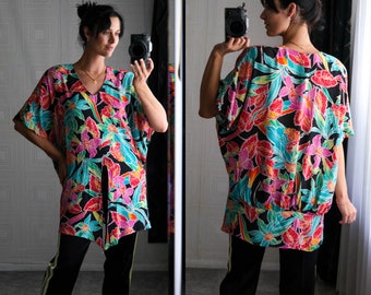 Vintage 80s Carole Little for Saint Tropez West Vibrant Tropical Print Front Tie Blouse | Made in USA | 100% Rayon | 1980s Designer Boxy Top