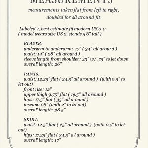 May include: Cream-colored page with the word "MEASUREMENTS" at the top, followed by a list of garment measurements. The measurements are for a blazer, pants, and skirt, including waist, hips, and length in inches.