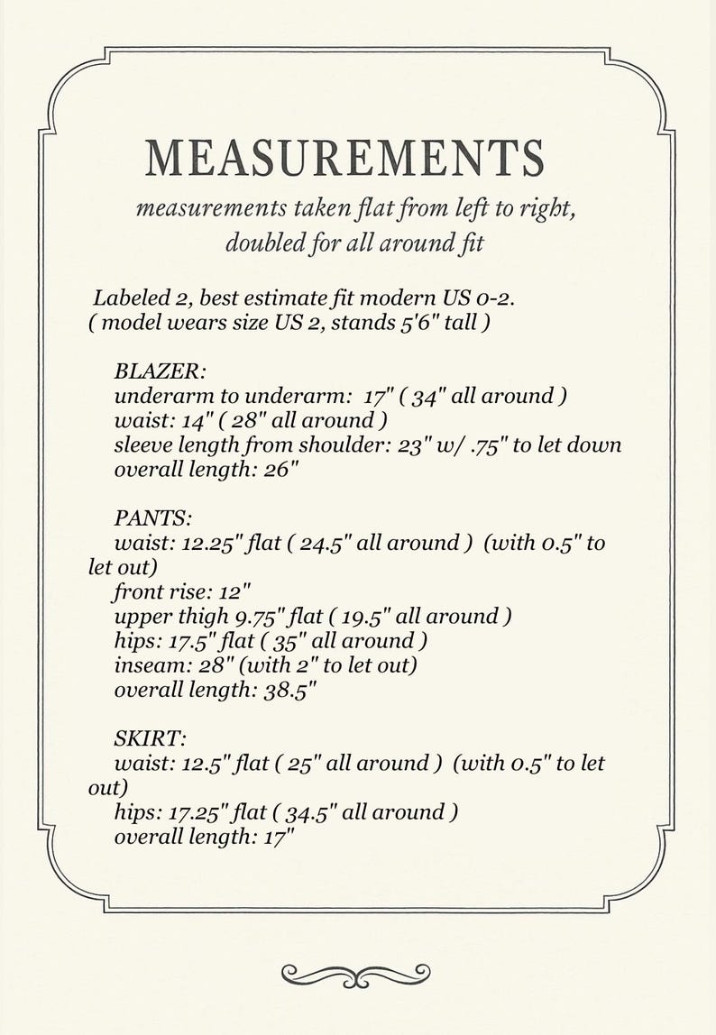 May include: Cream-colored page with the word "MEASUREMENTS" at the top, followed by a list of garment measurements. The measurements are for a blazer, pants, and skirt, including waist, hips, and length in inches.