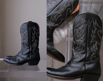 Botas vaqueras vintage NOCONA hechas a mano en cuero negro con lengüeta de ajuste / Talla 12 para hombre / Parte superior y suela 100% cuero genuino / Botas vaqueras