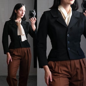 Vintage 40s I.MAGNIN Manor Bourne Suits Cropped Cashmere & Ivory Silk Scarf Lined Golden Hollywood Noir | 1940s Designer Womens Silk Jacket