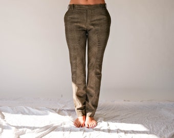 Vintage MARNI Light Brown & Gray Tartan Plaid Low Rise Silk Blend Pants | Made in Italy | Y2K 2000s Italian Designer Low Waist Silk Pants