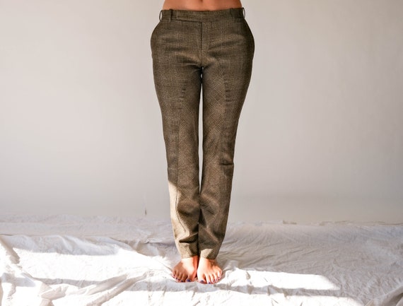 Marni, Vintage MARNI Light Brown & Gray Tartan Plaid Low Rise Silk Blend Pants | Made in Italy | Y2K 2000s Italian Designer Low Waist Silk Pants