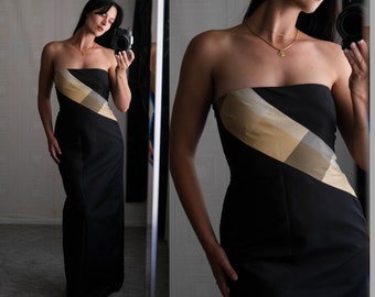 Vintage 90s Richard Tyler Couture Black Silk Corset Seamless Gown w/ Colorblock Stripe | 100% Silk | Made in USA | 1990s Designer Silk Dress