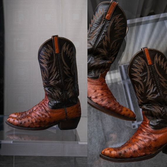 Vintage DAN POST Brown 2 Tone Ostrich Western Boots | Made  display picture 1