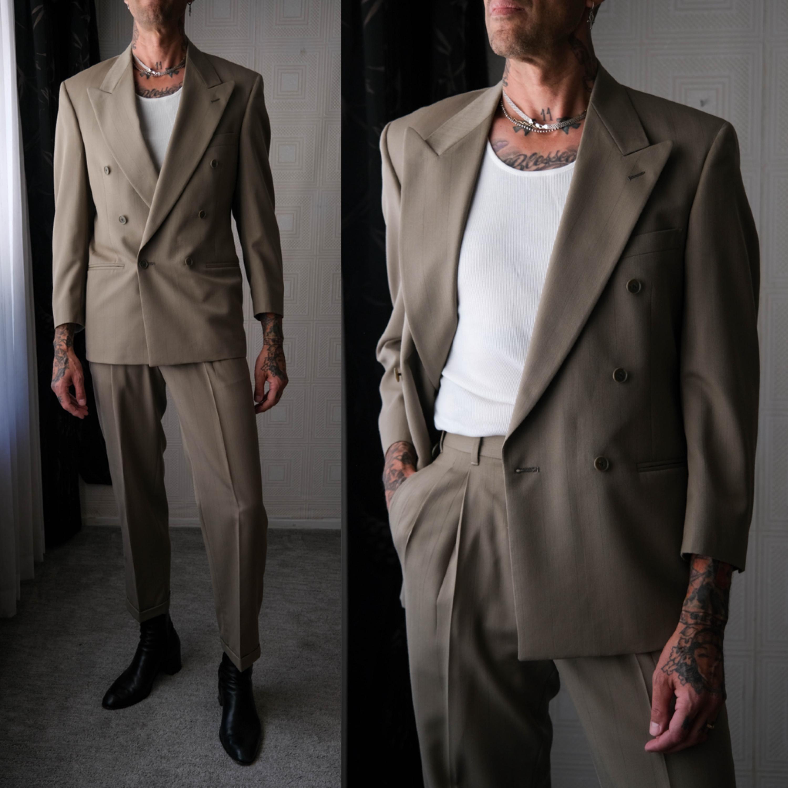 Vintage 80s PIERRE CARDIN Tan & Charcoal Wide Pinstripe Double