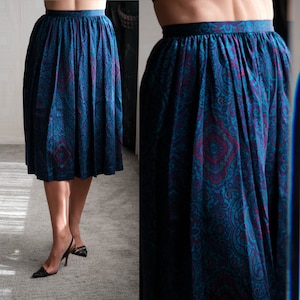 Vintage 80s Deep Teal & Purple Jeweled Tone Mandala Print High Waisted Ruche Pleated Skirt w/ Pockets | 100% Silk | 1980s Silk Swing Skirt