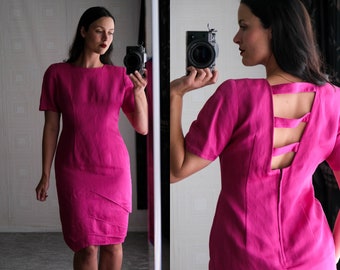 Vintage 80s Capriccio Fuchsia Linen Sheath Dress w/ Asymmetrical Triangle Panel Hemline | 100% Linen | 1980s Designer Pink Avant Garde Dress