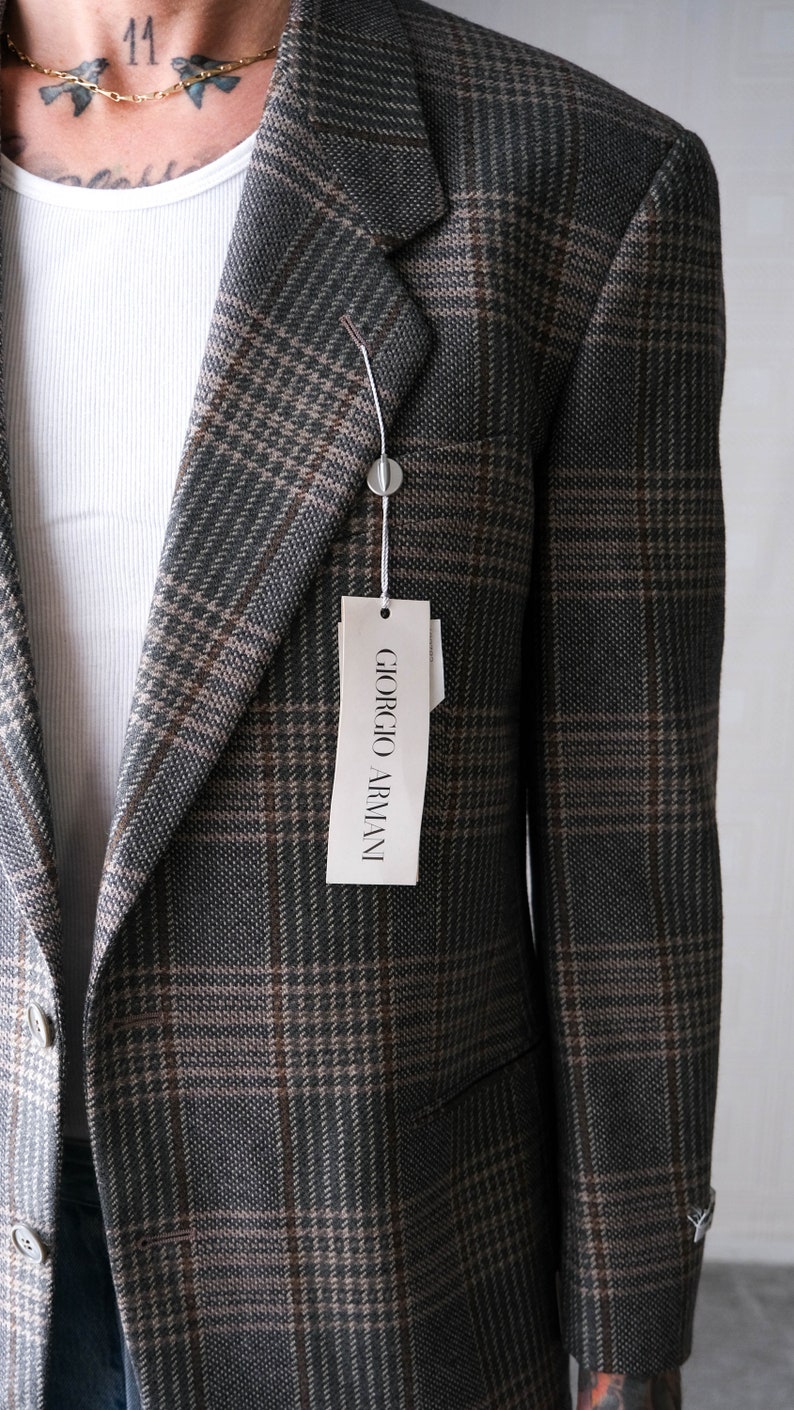 Vintage 80s Giorgio Armani Gray Earthtone Price of Wales Blazer Unworn w/ Tags Made in Italy 100% Wool 1980s Armani Designer Jacket image 5
