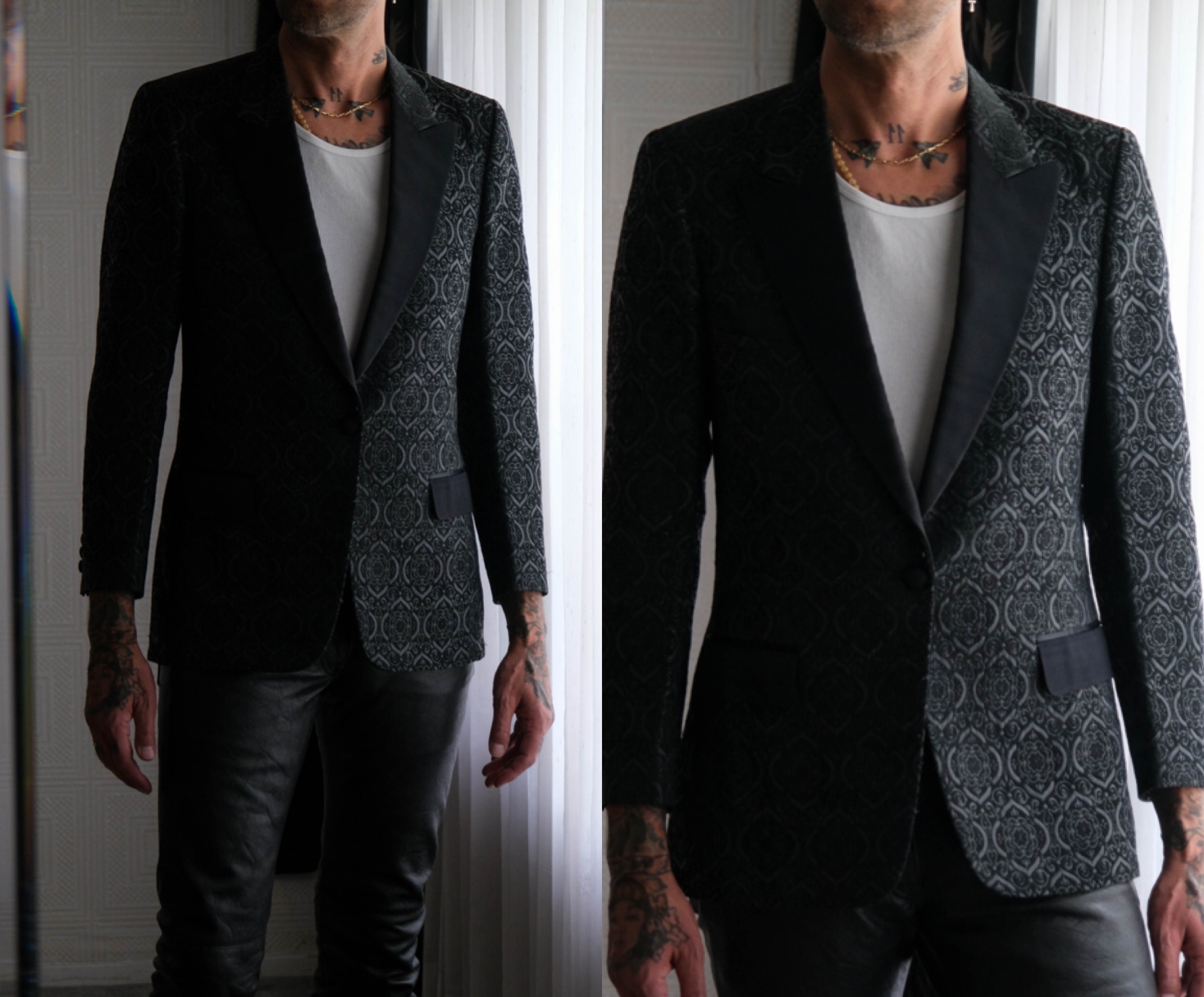 Vintage 70s British Tailor by Peter So Black Lurex Smoking Blazer w/ Textured Baroque Design | 1970s Designer Gentleman Smoking Tux Jacket