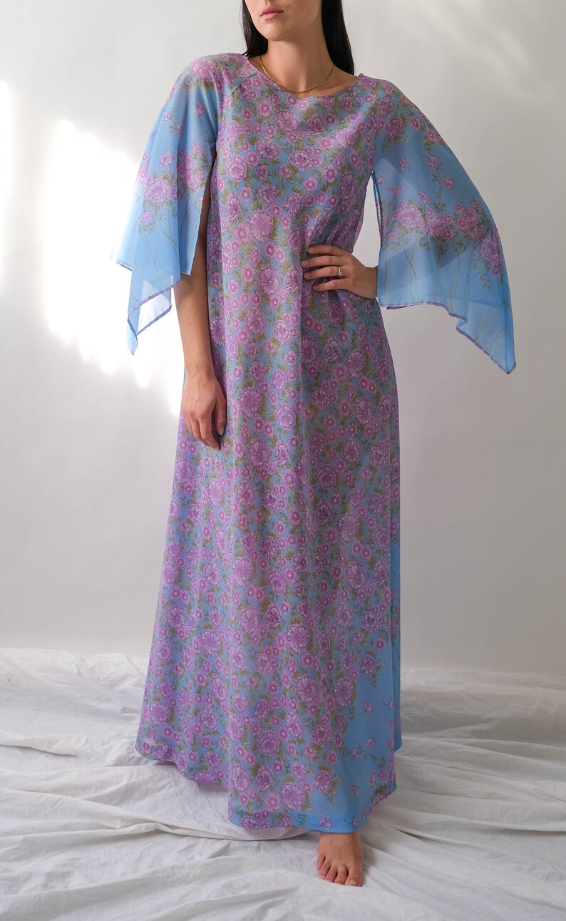 Vintage 70s Saks Fifth Ave. Sky Blue Lilac Floral Print Maxi Dress w/ Hand Rolled Fairy Sleeves Made in Italy 1970s Designer Boho Dress image 4