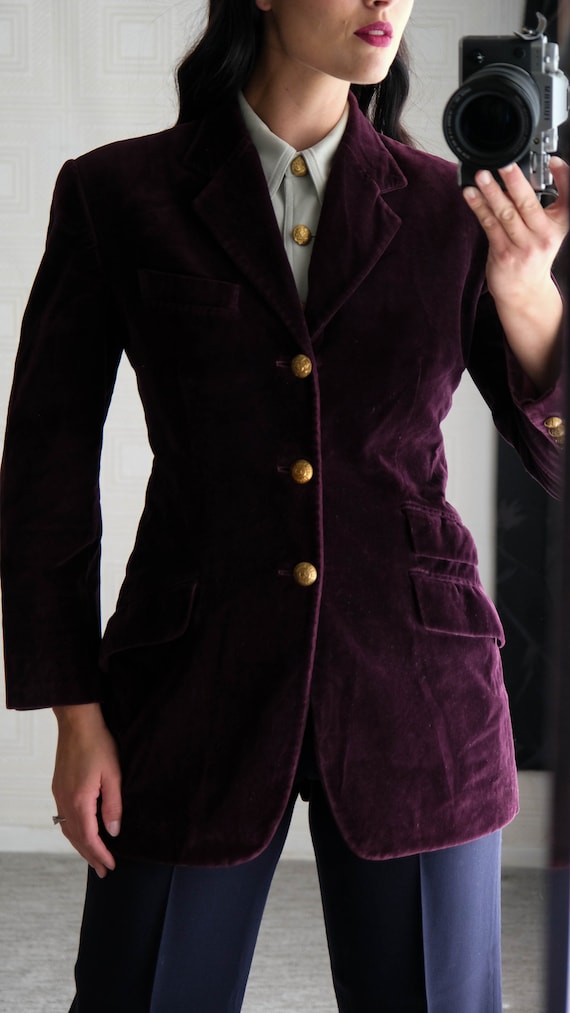 Vintage 90s Ralph Lauren Collection Purple Label Deep Merlot Velvet Blazer w/ Gold Crest Buttons | Made in USA | 1990s RL Designer Blazer