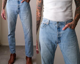 Vintage LEVIS 501 Original Button Fly Light Wash Denim Jeans | Made in Guatemala | Size 35x31 | Y2K 2000s LEVIS Designer Unisex Jeans
