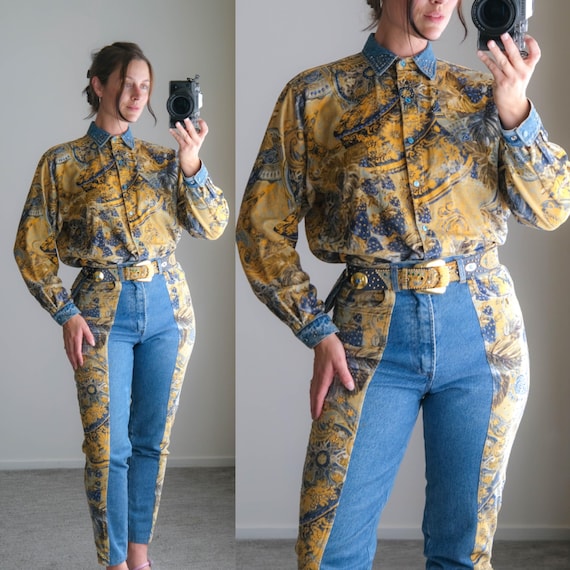 Vintage 90s LILY FAROUCHE Munich Western Baroque Velvet & Denim Rhinestone Pant Set w/ Pouch Belt | Made in Germany | 1990s Designer Set