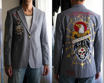 Vintage Ed Hardy by Christian Audigier Hickory Striped Heavily Embroidered & Patched Blazer | UNWORN NWT | Y2K Ed Hardy Designer Jacket