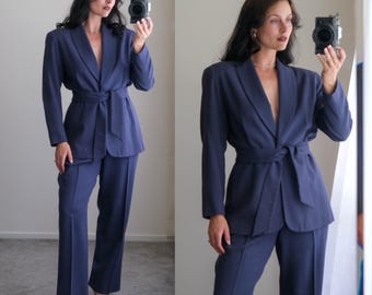Vintage 90s BEBE Slate Blue Wool Gabardine Wrap Waist Single Button Suit w/ High Waist Pant | Made in USA | 1990s Designer Suit