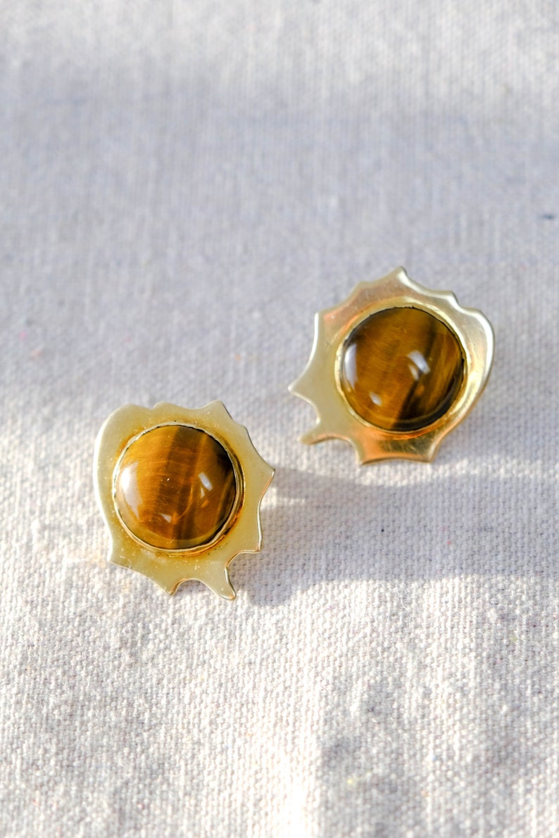 Vintage 80s Joyce Quintana Signed Gold Plated Sterling Silver & Tiger Eye Stone Earrings Sterling Silver .925 1980s Avant Garde Jewelry image 3