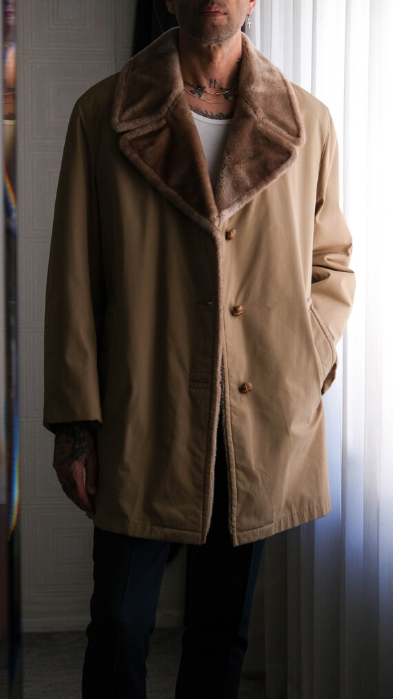 Vintage 70s MIGHTY MAC Tan Gabardine Winter Jacket W/ Faux Fur
