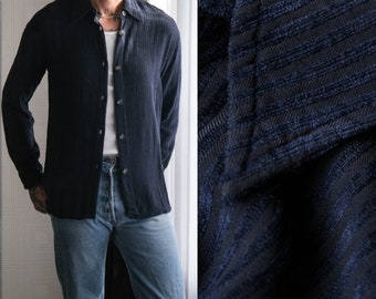 Vintage 90s Giorgio Armani A Milano Borgonuovo 21 Navy Velvet Stripe Button Up Shirt | Made in Italy | 1990s Armani Designer Mens Shirt