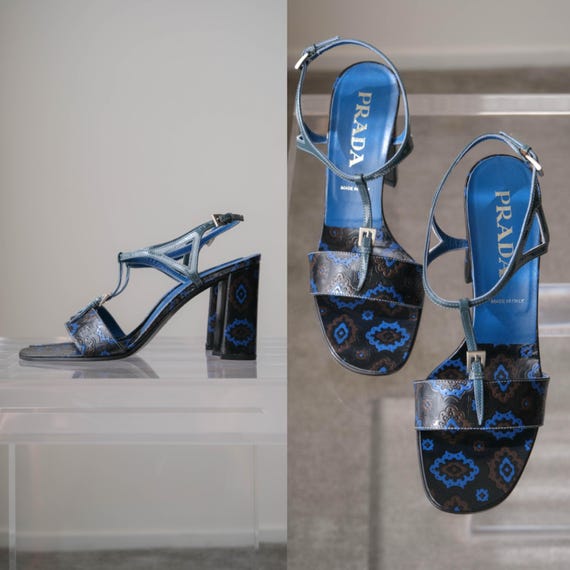 Vintage 90s PRADA 1999 SS Turkish Print Cobalt Blue Strap Embossed Leather Heeled Sandals Unworn w/ Box & Dust Bags | Size 38.5 | 1990s Shoe