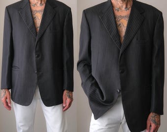 Vintage 90s GIANNI VERSACE COUTURE Black Pinstripe Variation 3 Button Blazer | Made in Italy | Size 58 | 1990s Italian Designer Mens Jacket