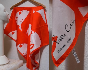 Vintage 60s PIERRE CARDIN PARIS Orange Mod Space Age Face Print Hand Rolled Scarf | Made in France | 100% Silk | 1960s French Designer Scarf