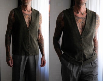 Vintage 80s Giorgio Armani Le Collezioni Dark Olive Green Flecked Silk & Wool Sweater Vest | Made in Italy | 1980s Designer Cardigan Vest