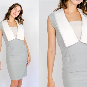 Vintage 60s Pierre Cardin Slate Blue Raw Silk Shift Dress w/ Ivory Square Collar | Made in France | 100% Silk | 1960s French Designer Dress