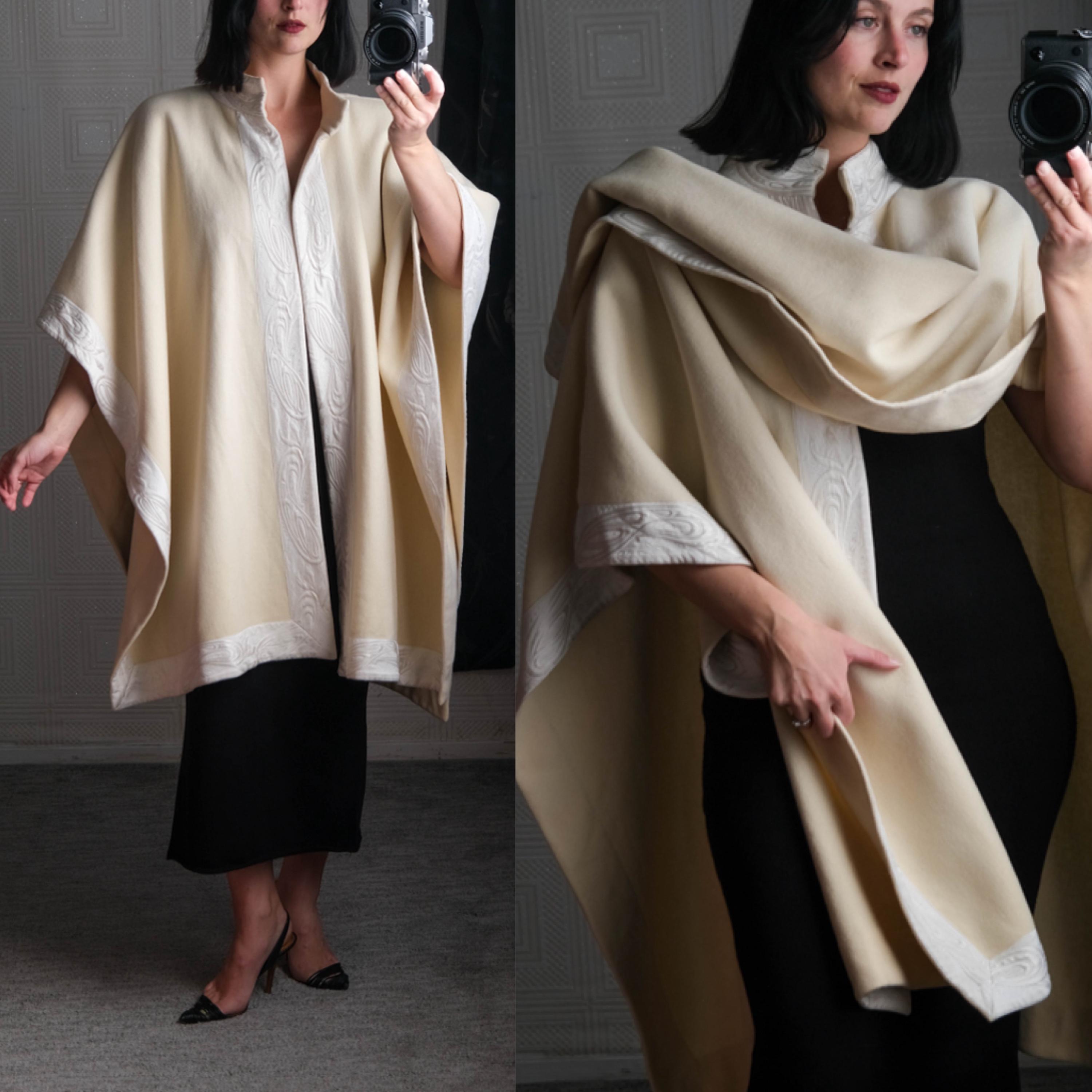 Vintage 70s KAZA SPORT PARIS Soft Cream Wool Cape w/ Ivory Baroque Satin Trim | Made in France | 100% Wool | 1970s French Designer Cape