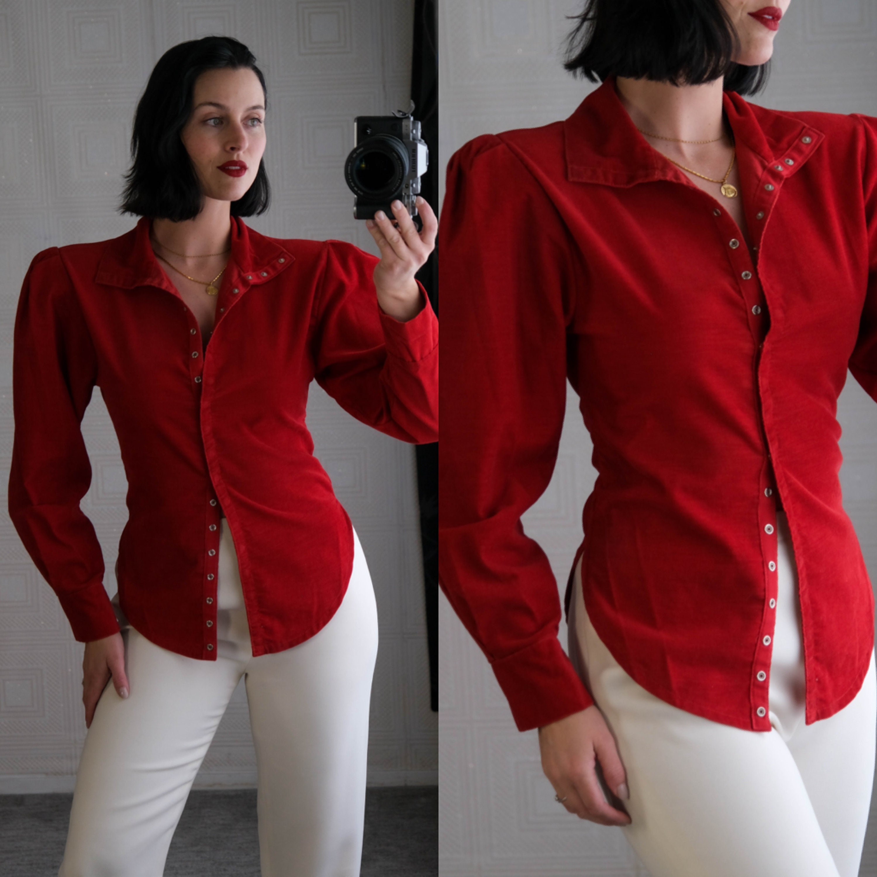 Vintage 80s NORMA KAMALI Red Micro Corduroy Multi Snap High Neck  